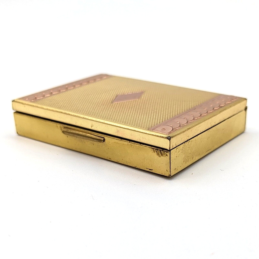 Vintage Evans Two-Tone Loose Powder Compact Yellow Rose Gold Tone w Puff & Mesh - Picture 6 of 11